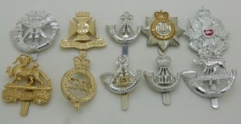 Ten British Army Infantry anodised cap badges including Durham Light Infantry, Wiltshire Regiment