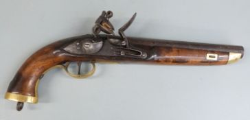 Flintlock hammer action sea service pistol with brass butt plate, trigger guard and mounts, belt