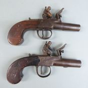 A pair of Howe of Colchester flintlock hammer action pocket pistols each with named and engraved