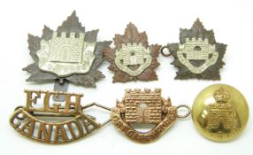 Four Canadian Army Fort Garry Horse metal badges together with a FGH shoulder title and button