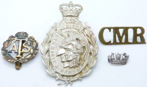 British Army 21 SAS metal hat badge together with an ATS hat badge, CMR shoulder title and a pin