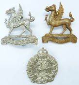 Three British Army Monmouthshire Regiment metal hat badges