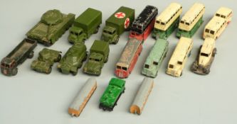 Sixteen Dinky Toys diecast model vehicles including Centurion Tank, buses and coaches, train,