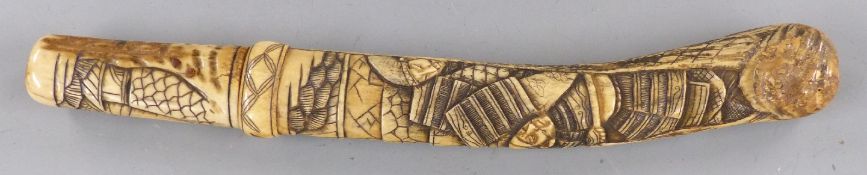 Japanese late 19thC/early 20thC tanto with carved ivory scabbard decorated with Samurai warriors,