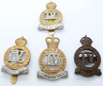 Four British Army 4th Queen's Own Hussars metal cap badges including an officer's bronze example