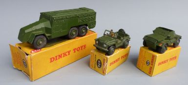 Three Dinky Toys diecast model military vehicles Scout Car 673, Austin Champ 674 and Armoured