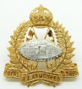 New Zealand Army Royal NZ Armoured Corps officer's gilt cap badge, Gaunt maker's mark to reverse