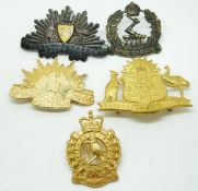 Five Australian Army 25th Regiment, 29th Regiment, 33rd Regiment and 51st Regiment metal hat