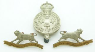 Malay States Volunteer Regiment metal cap badge and a pair of collar badges, two by Dowler