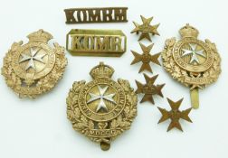 Nine British Army Royal Malta Regiment / Militia metal badges including one with Queen Victoria