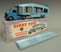Dinky Toys diecast model Pullmore Car Transporter with blue cab and hubs, pale blue trailer and