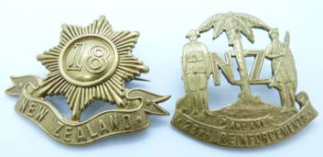 Two New Zealand Army WWI 18th/23rd Reinforcements metal hat badges