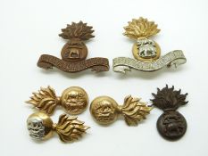 Six British Army Royal Dublin Fusiliers metal badges including a pair of collar badges