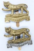 Two British Army Leicestershire Regiment 4th/5th/6th Battalion metal cap badges