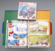 Three Lego Basic building sets 5+ 565-2 1990, 7+ 715-1 1990 and 9v Battery Motor 845 1992, all in