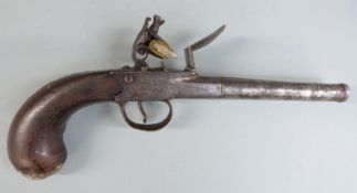 L Parr Queen Anne flintlock double barrelled side by side pistol with silver wire inlaid walnut