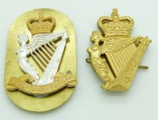 Two British Army Irish Regimental (Royal Irish Rangers) piper's badges