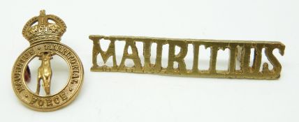 Mauritius Territorial Force metal badge and shoulder title