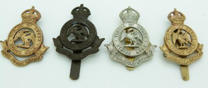 Four British Army Royal Bucks Hussars metal cap badges