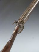 J Hill side by side double barelled hammer action gun with named and engraved lock, engraved