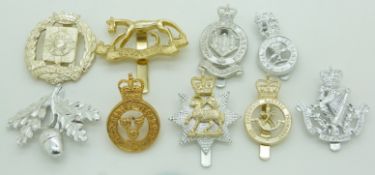 Nine British Army Yeomanry anodised cap badges including Northumberland Hussars, Sherwood Rangers