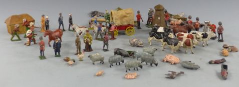 A collection of Britains and similar lead model farm animals, soldiers and accessories.