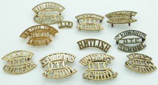 Ten schools/college St Albans, Manwood's, Wrekin, Marlborough, Perse, etc metal shoulder titles