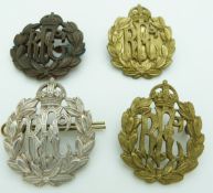 Four Royal Flying Corps metal badges including an officer's service dress example