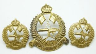 Three New Zealand Army WWI Expeditionary Force specialists metal hat and collar badges