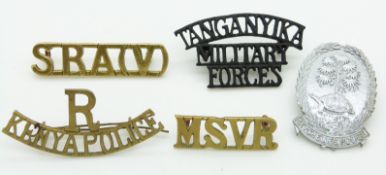 Seychelles Police metal hat badge, Kenya Police etc metal shoulder titles, one by Dowler and another