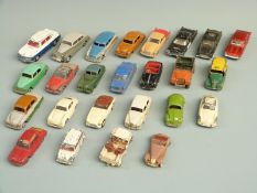 Twenty-five Dinky Toys diecast model cars including Austin Atlantic, Police Dodge Royal Sedan, Rolls