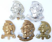 Five British Army 28th County of London Battalion Artists Rifles metal cap badges