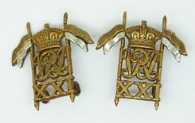 British Army 21st Empress of India's Lancers Victorian 'upright lances' pair of metal collar badges