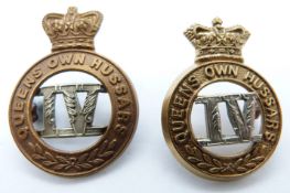 Two British Army 4th Queen's Own Hussars other ranks metal cap badges