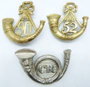 Three British Army Glengarry badges for the 52nd Regiment of Foot, 90th Regiment of Foot and
