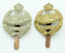 Two British Army Royal Tank Corps 1923 pattern metal cap badges