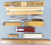 J.Rabone & Sons folding 24 inch ivory rule, further rules and various pen knives
