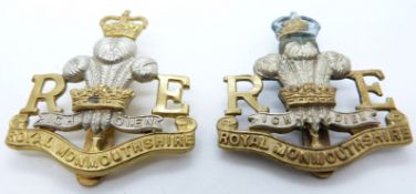 Two British Army Royal Monmouthshire Royal Engineers metal cap badges, both by Gaunt
