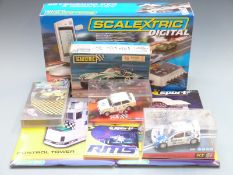 A collection of Scalextric and similar cars, buildings and accessories including Digital Advanced