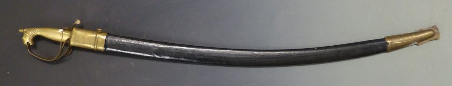 Indian sword with curved 89cm blade and brass horse head grip, with brass mounted scabbard