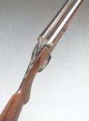 Belgian 16 bore side by side shotgun with engraving featuring birds and foxes to the lock, thumb