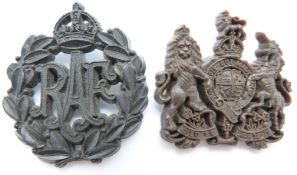 Coat of Arms economy plastic badge, Stanley & Sons Walsall to reverse together with a RAF example