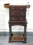 A vintage home made fly tying table with vice and fly tying accessories, W48 x D28 x H72cm