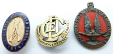 Three British Army United Arts, Athletes, Chiswick Volunteers metal badges, one by Thomas