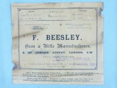 Frederick Beesley paper gun case label 'F. Beesley Gun & Rifle Manufacturers, 1, St. James's Street,