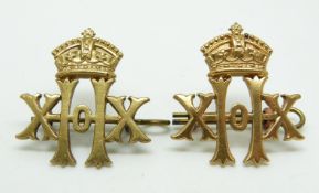 Two British Army Victorian 20th Hussars collar badges