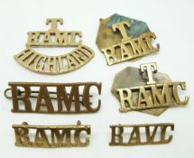 Five British Army Royal Army Medical Corps shoulder titles including two Territorial examples and