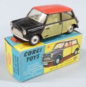Corgi Toys diecast model Mini-Cooper with De-Luxe Wicker Work, black body, red roof and lemon