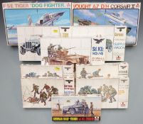 Ten ESCI 1:48, 1:35 and 1:72 scale plastic model kits including F-5E Tiger Dog-Fighter, Vought A-7