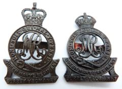 Two British Army Surrey Yeomanry officer's cap badges in bronze
